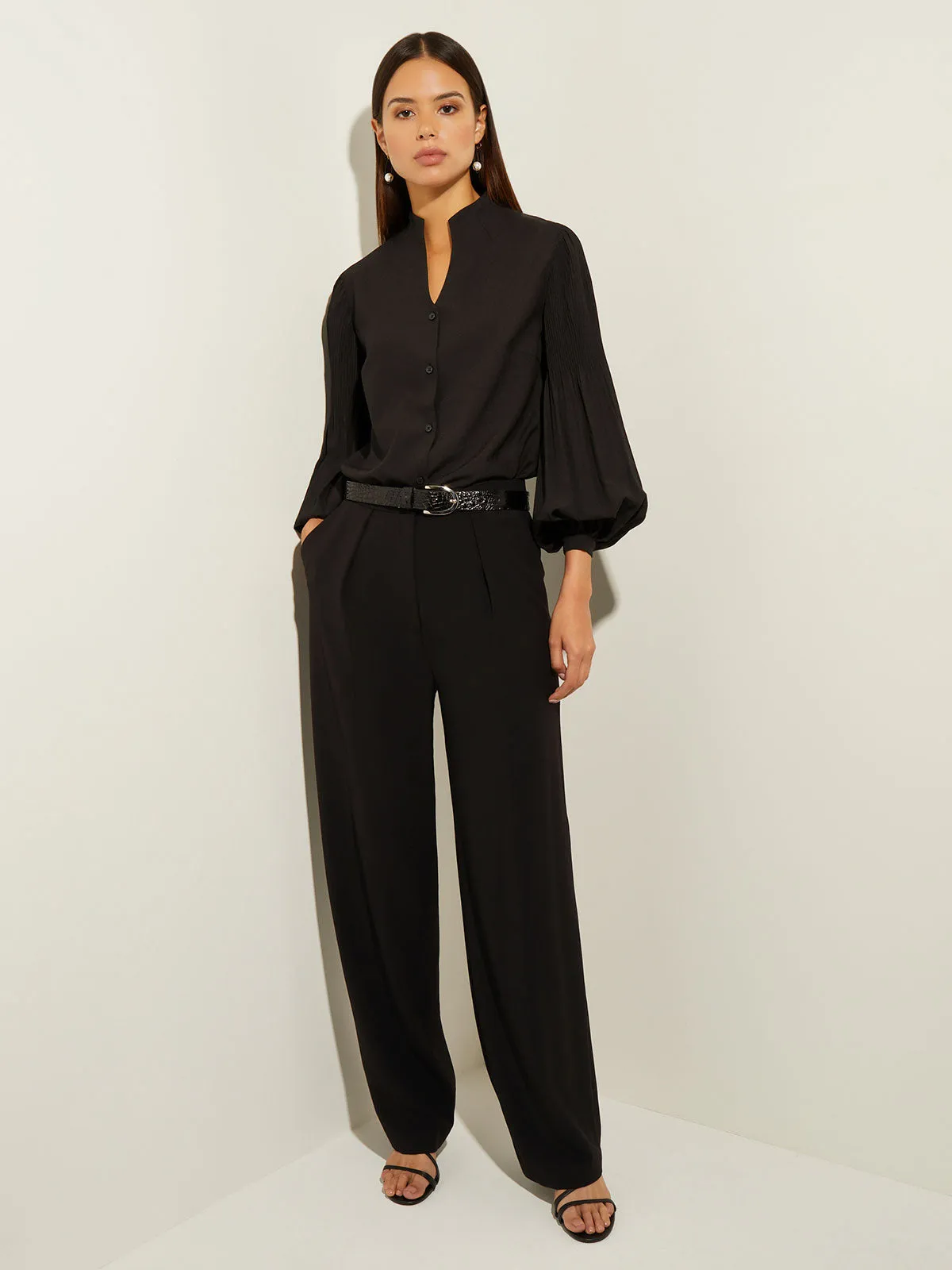 Pleated Bishop Sleeve Stretch Crepe Blouse