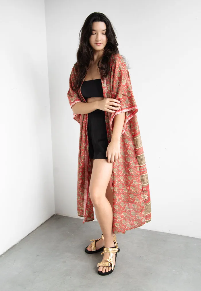 Raja Rani Upcycled Silk Long Kimono - Rose
