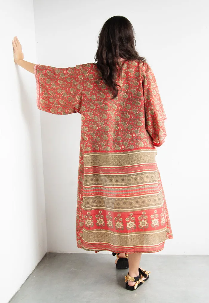 Raja Rani Upcycled Silk Long Kimono - Rose