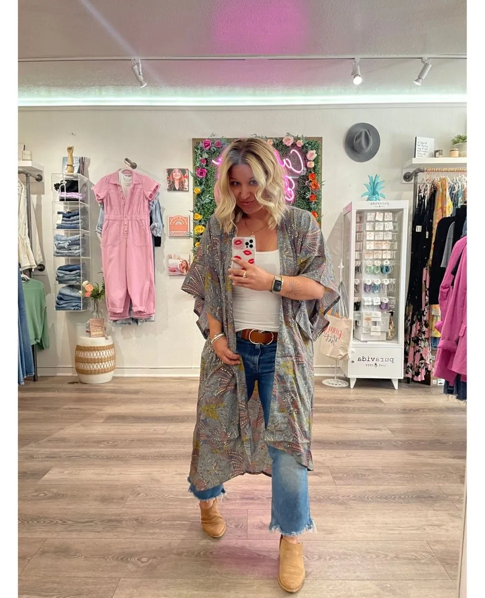 Silver Metallic Print Kimono Long