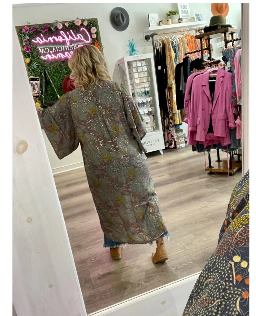 Silver Metallic Print Kimono Long