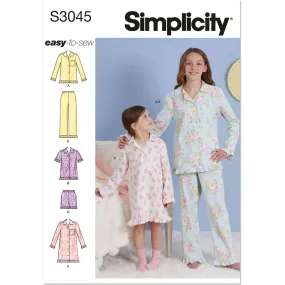 Simplicity Sewing Pattern S3045 Children's and Girls' Lounge Tops, Gown, Shorts and Pants
