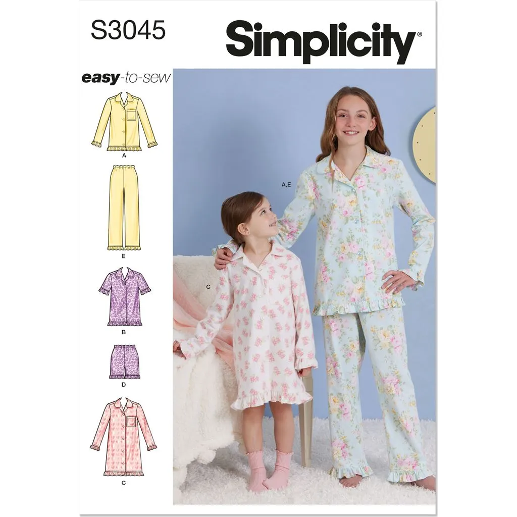 Simplicity Sewing Pattern S3045 Children's and Girls' Lounge Tops, Gown, Shorts and Pants