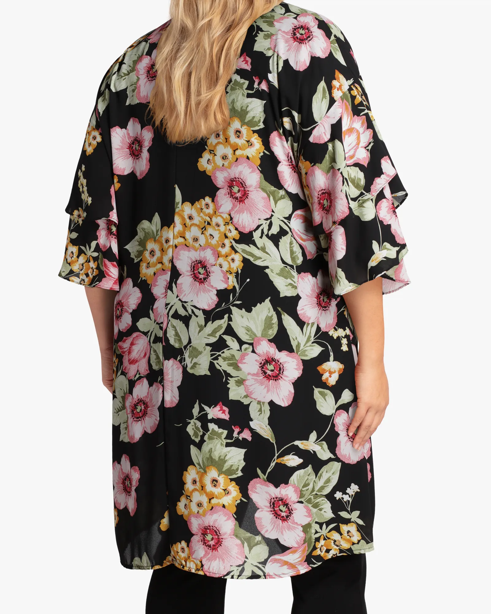 Taylor Ruffle-Sleeve Kimono | Black / Mauve