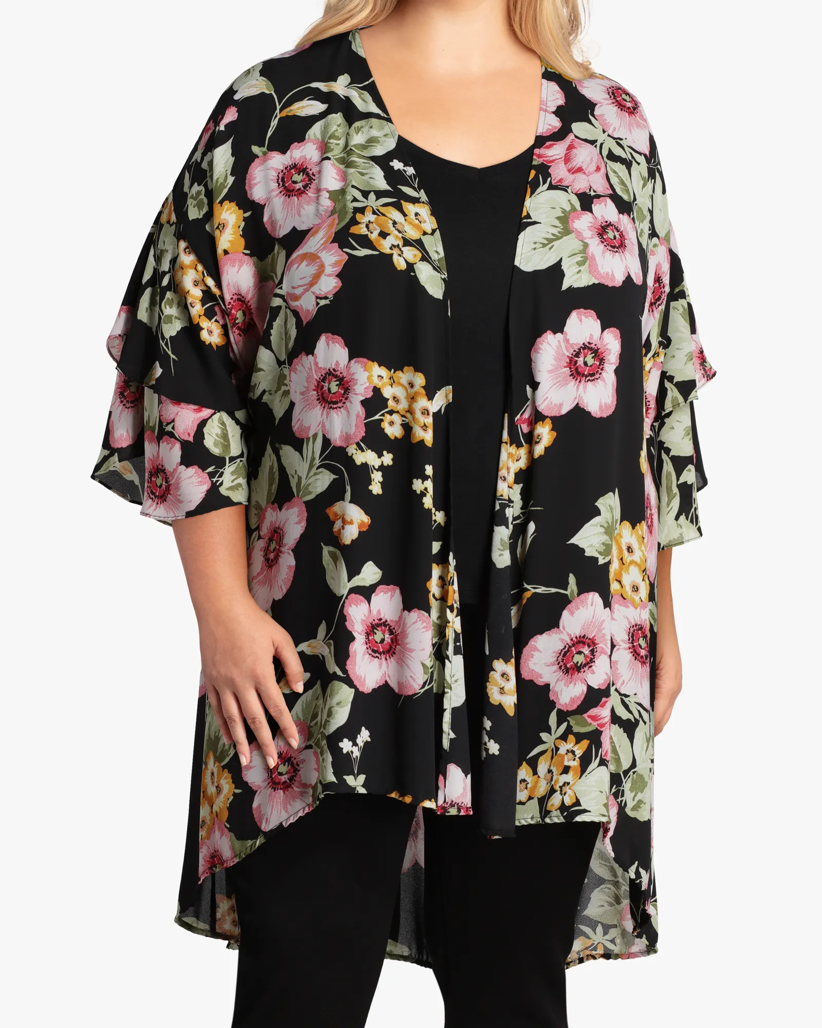 Taylor Ruffle-Sleeve Kimono | Black / Mauve