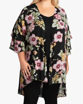 Taylor Ruffle-Sleeve Kimono | Black / Mauve