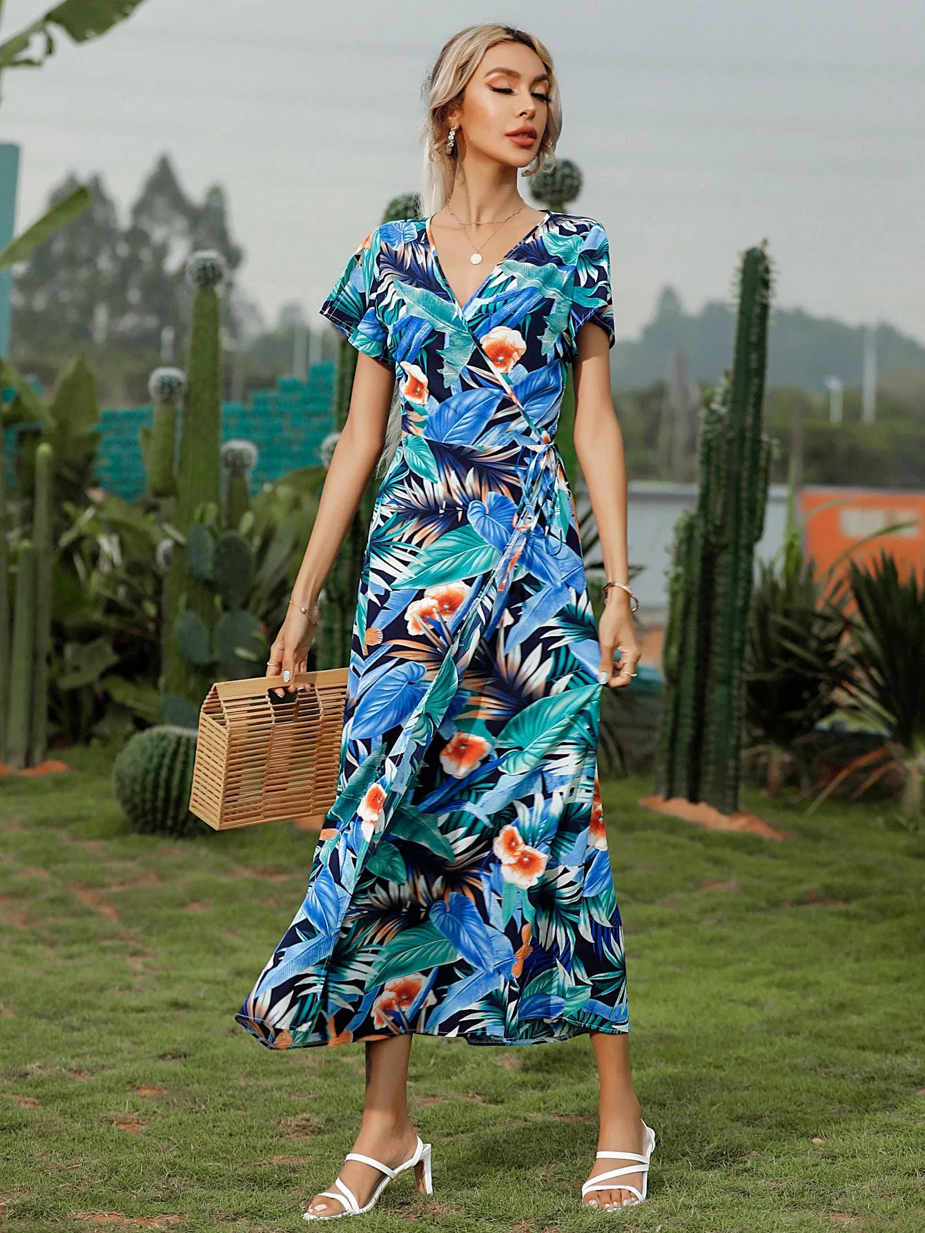Tropical Belted Short Sleeve V Neck Wrap High Waist Long Dress