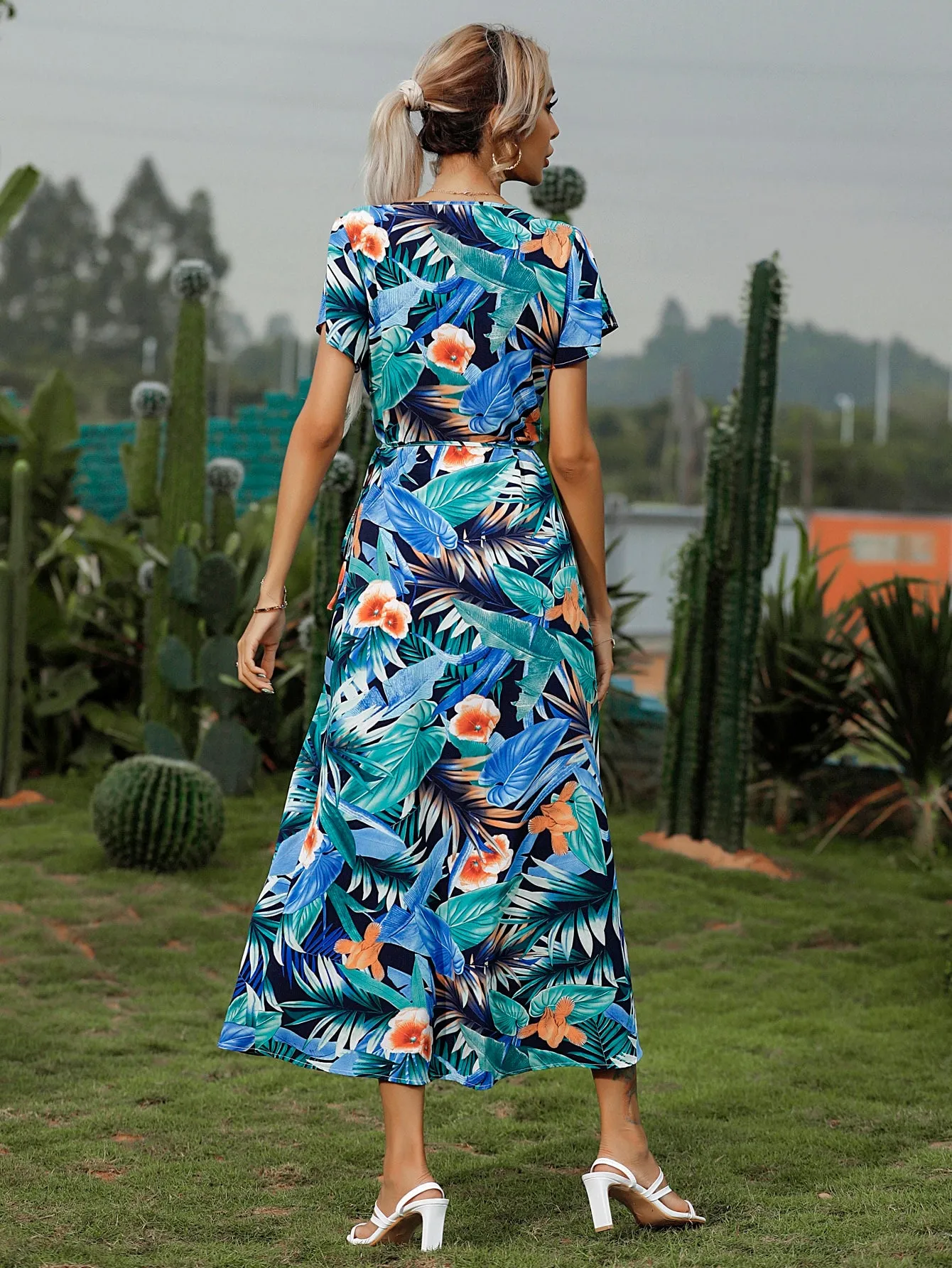 Tropical Belted Short Sleeve V Neck Wrap High Waist Long Dress