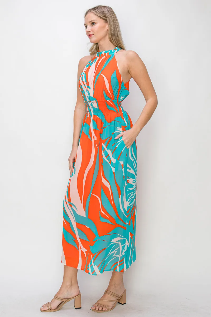 Tropical Chiffon Halter Maxi Dress