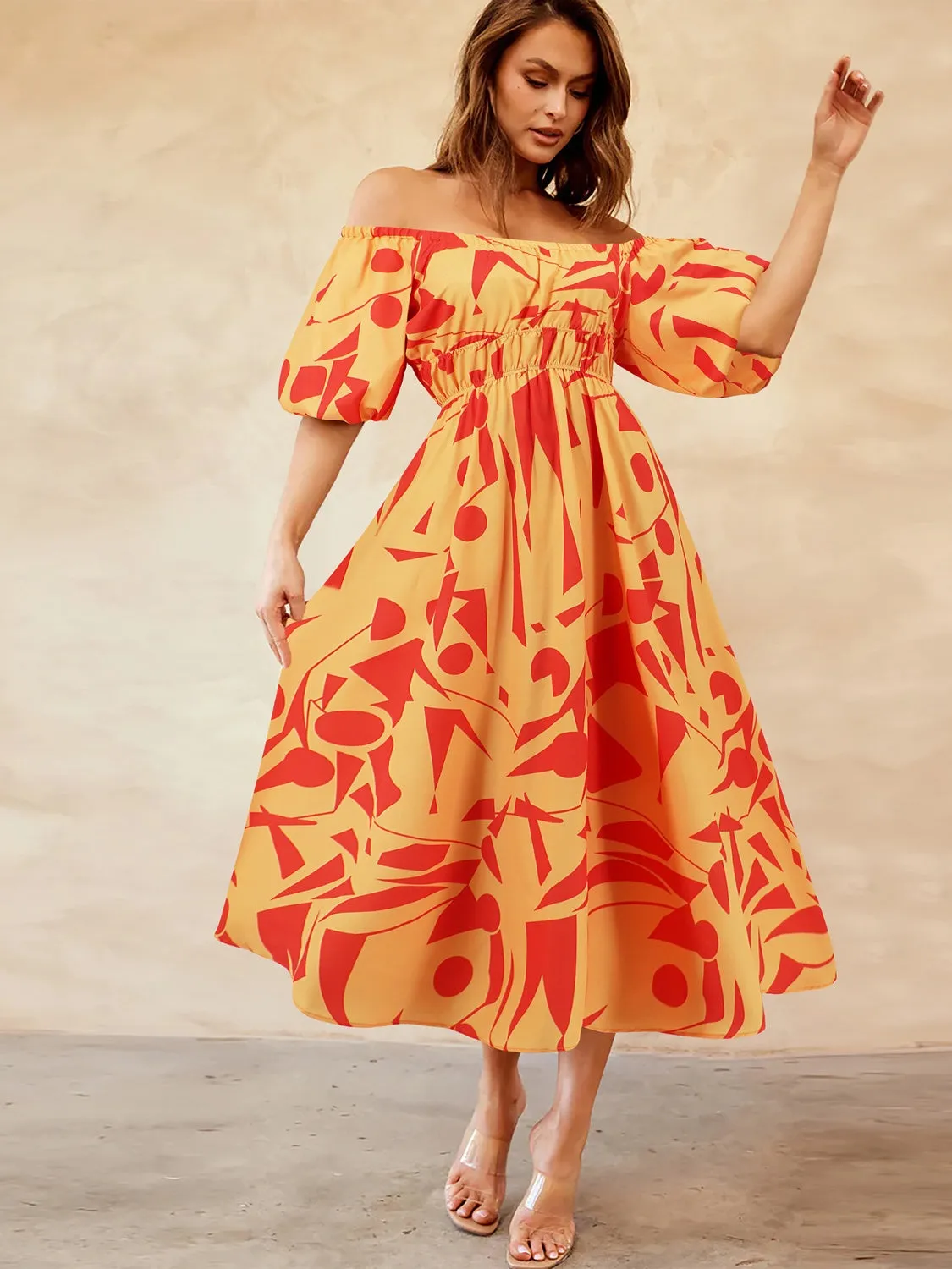 Tropical Off-Shoulder Balloon Sleeve Dress