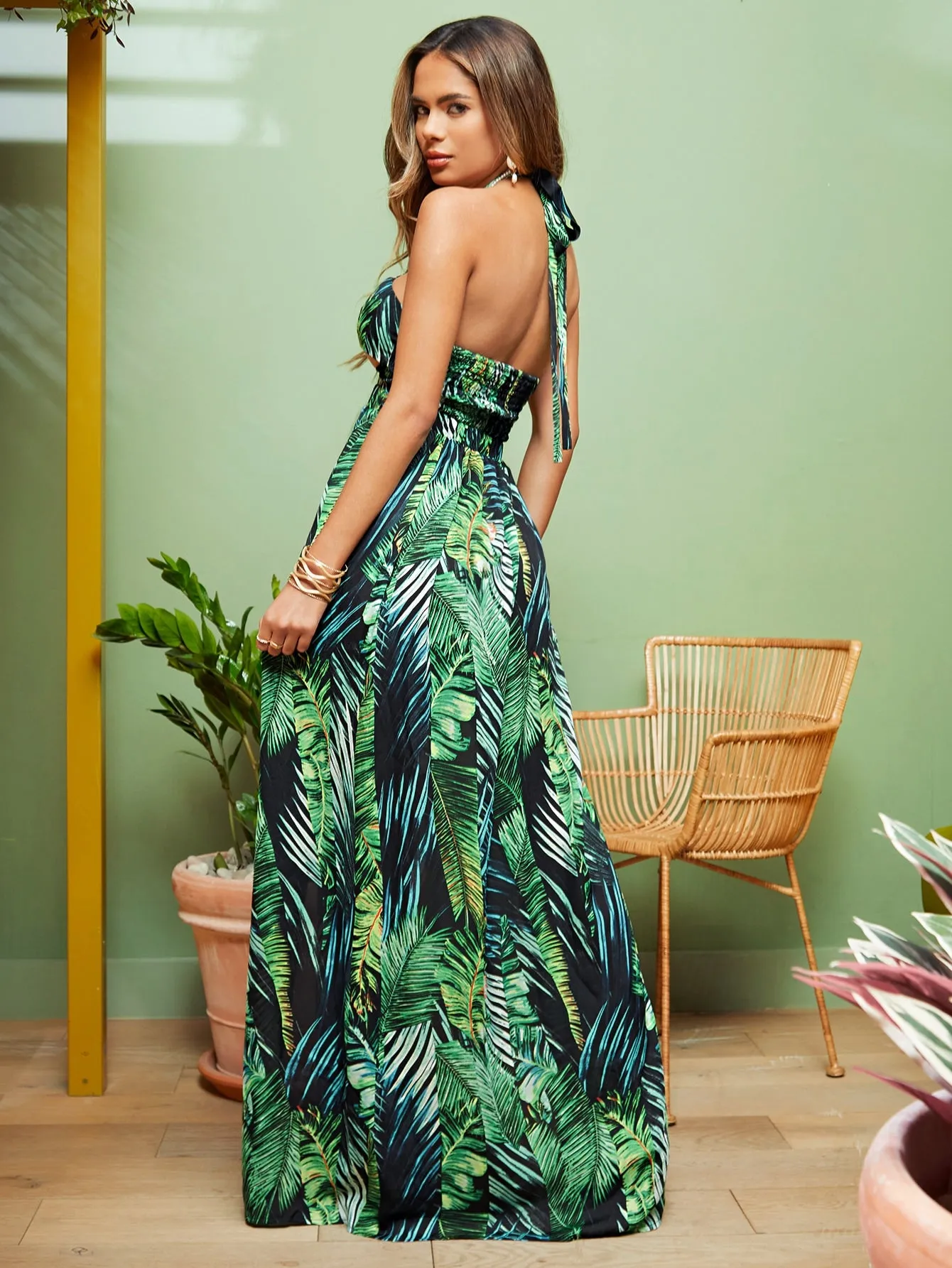 Tropical Shirred Sleeveless Halter Slit High Waist Maxi Dress