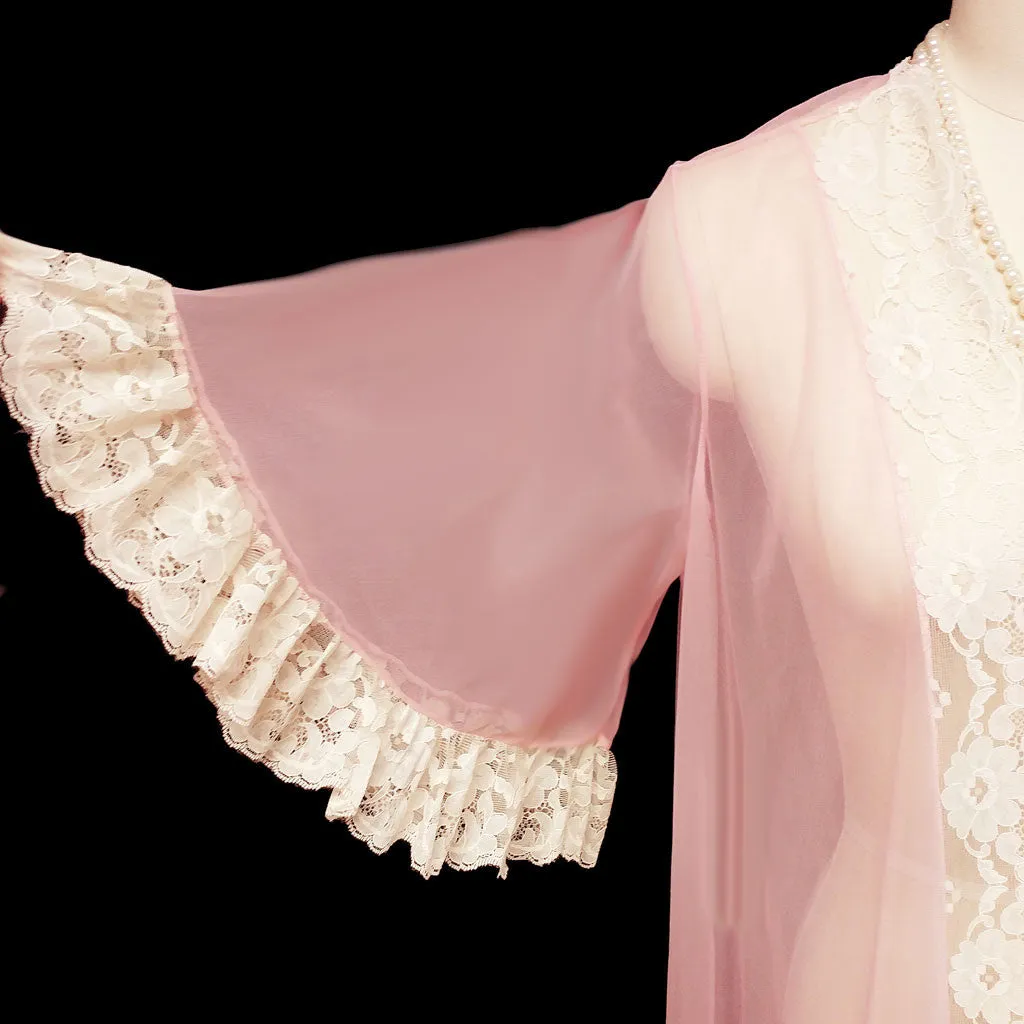 *VINTAGE JENELLE OF CALIFORNIA SHEER NYLON TRICOT PEIGNOIR WITH LACE TRIMMED FULL CIRCLE SLEEVES IN PINK ANGEL
