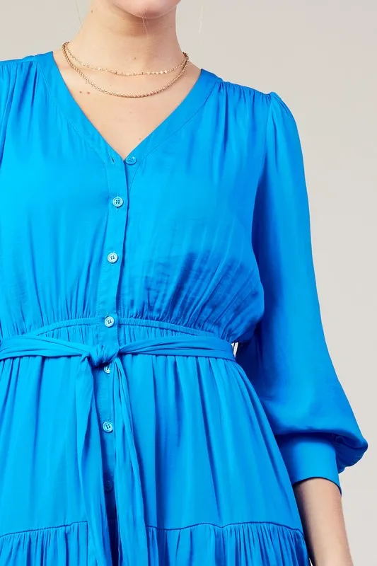 Vivid Blue Long Sleeve V-Neck Button Front Tiered Maxi Dress
