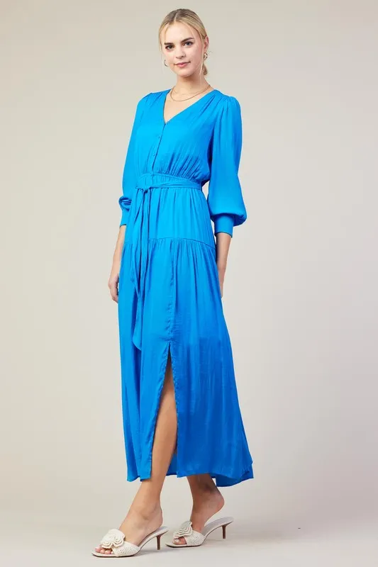 Vivid Blue Long Sleeve V-Neck Button Front Tiered Maxi Dress