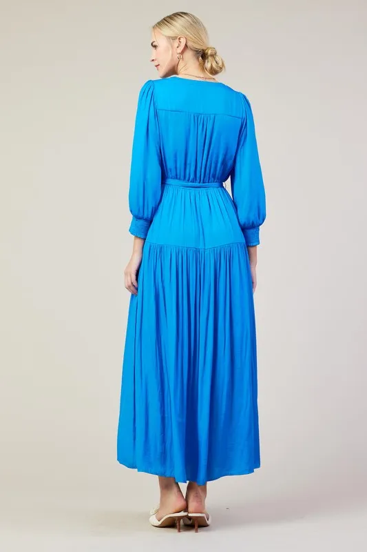 Vivid Blue Long Sleeve V-Neck Button Front Tiered Maxi Dress