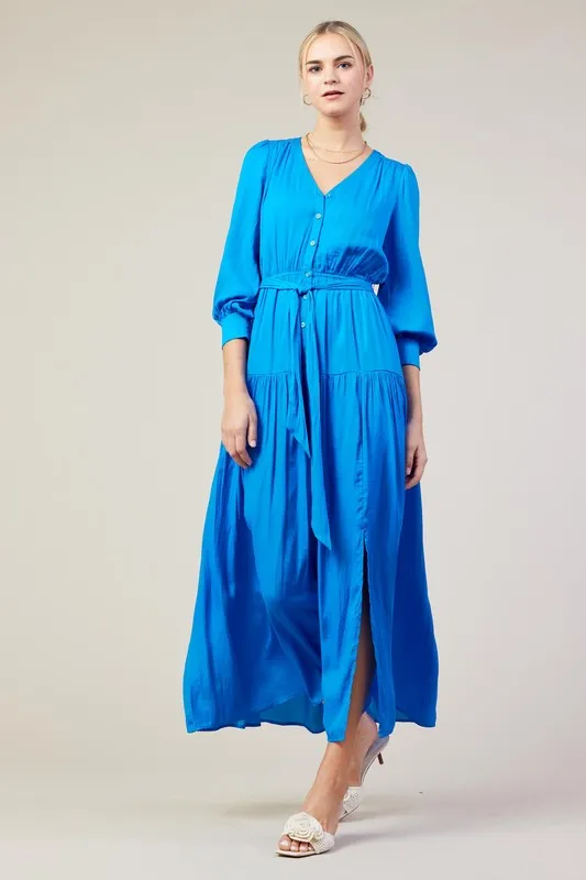 Vivid Blue Long Sleeve V-Neck Button Front Tiered Maxi Dress