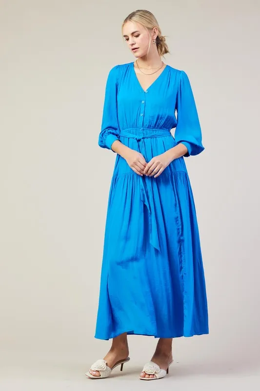 Vivid Blue Long Sleeve V-Neck Button Front Tiered Maxi Dress