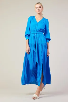 Vivid Blue Long Sleeve V-Neck Button Front Tiered Maxi Dress