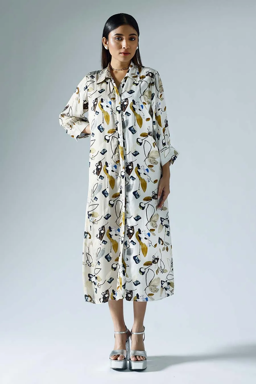 White Printed Vivid Shirt Dress