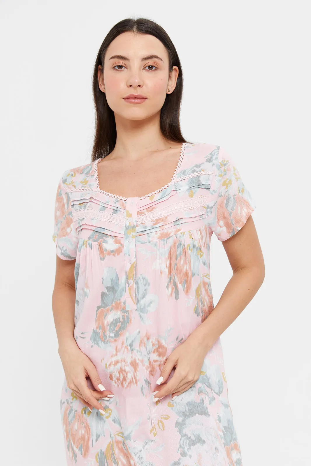 Women Pink Printed Dobby Nightgown