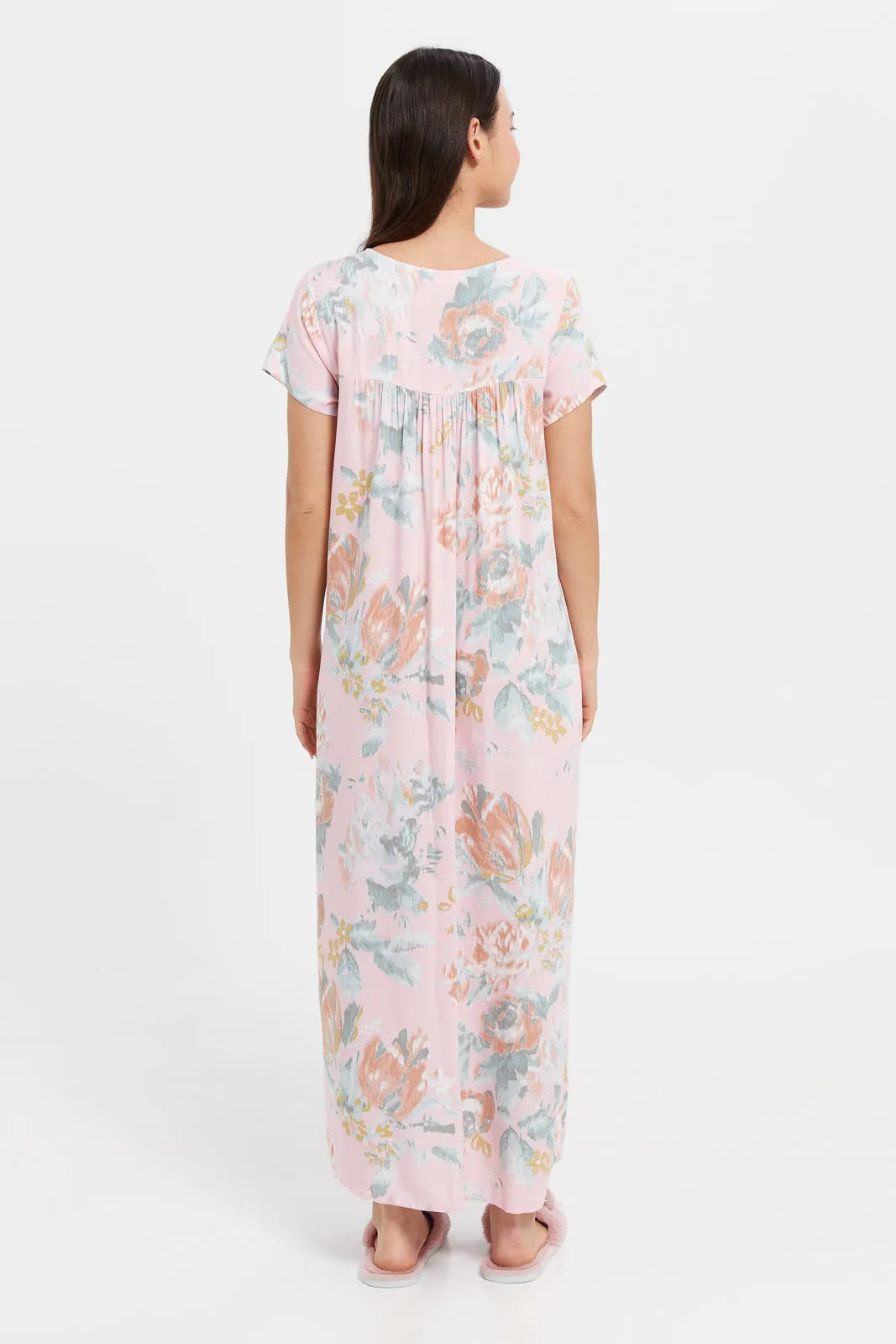 Women Pink Printed Dobby Nightgown