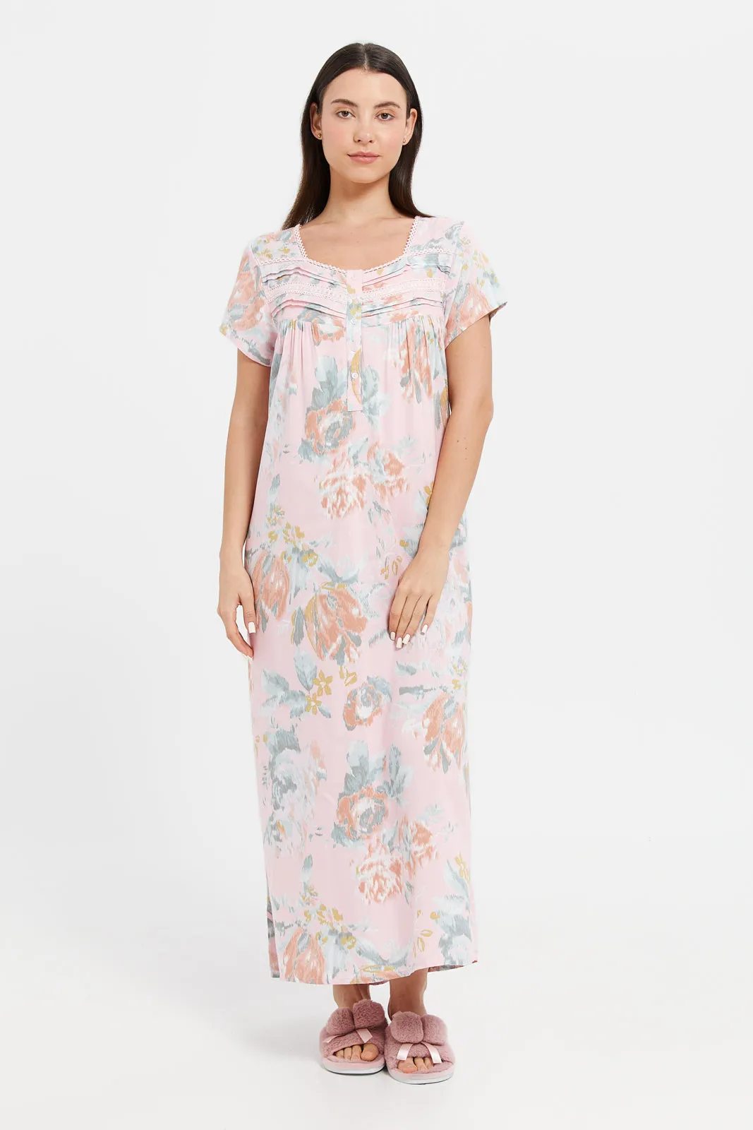 Women Pink Printed Dobby Nightgown