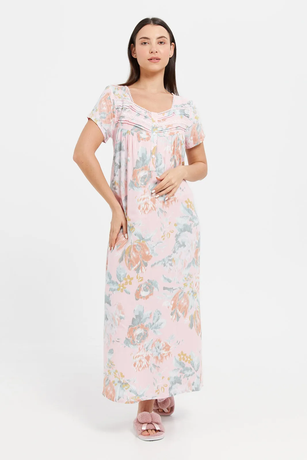 Women Pink Printed Dobby Nightgown