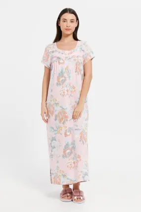 Women Pink Printed Dobby Nightgown