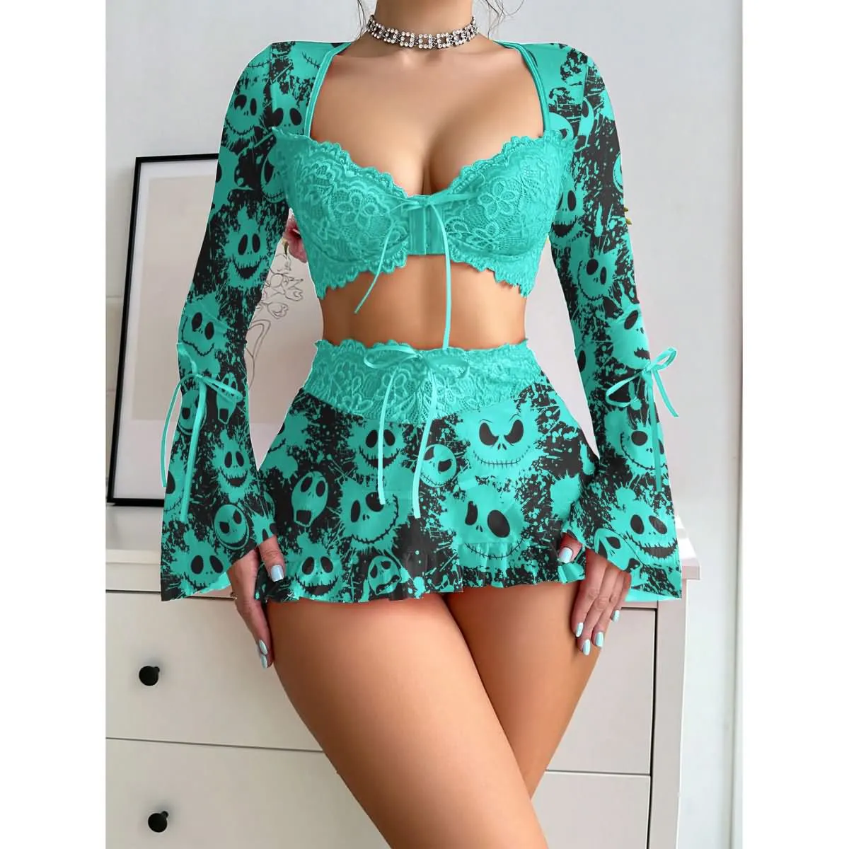 Women's Lingerie Set, Cyan Nightmare 3 Piece Lace Nightwear Outfit